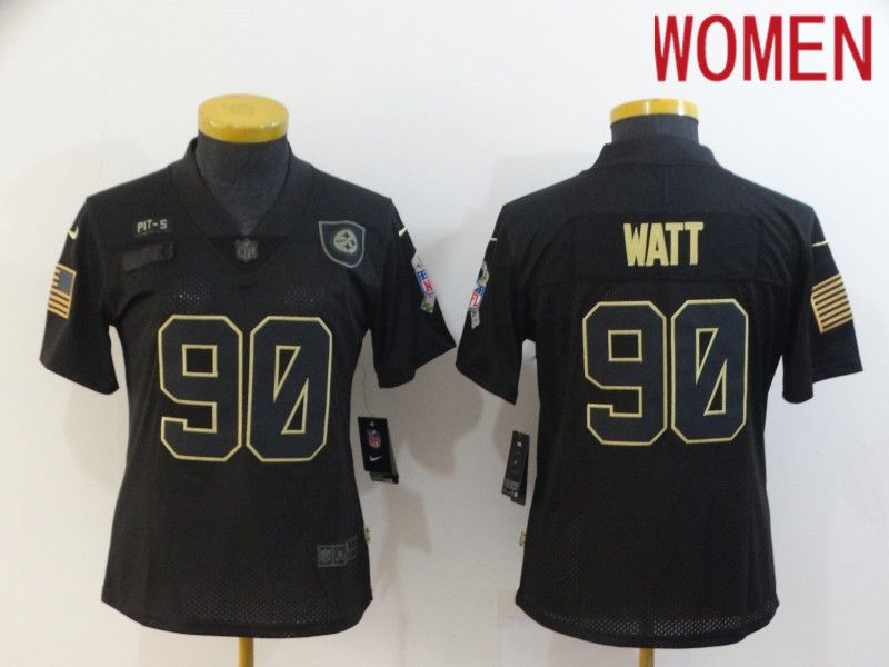 Women Pittsburgh Steelers 90 Watt Black Retro Gold Lettering 2020 Nike NFL Jersey